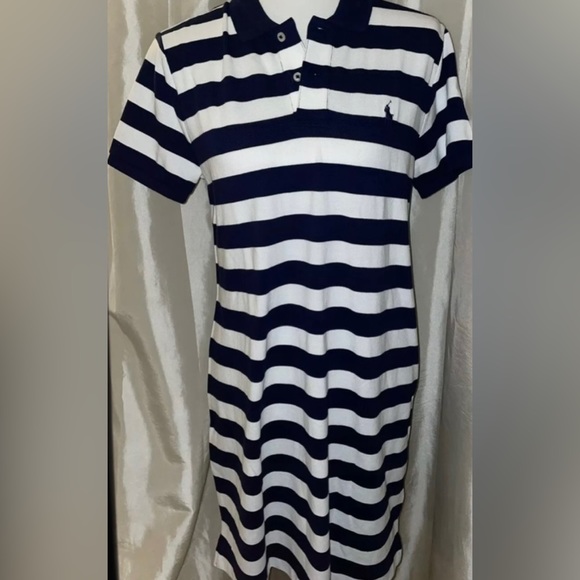 🎉HP🎉New! Polo Ralph Lauren Navy/WhiteStriped MiniMesh Classic Polo Dress L🐎🤍 - Picture 11 of 13